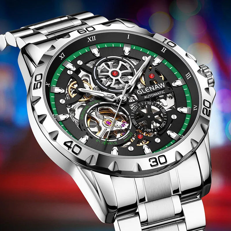 Men's silver skeleton automatic watch with luminous blue steel band and transparent case back