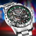 Men's silver skeleton automatic watch with luminous blue steel band and transparent case back