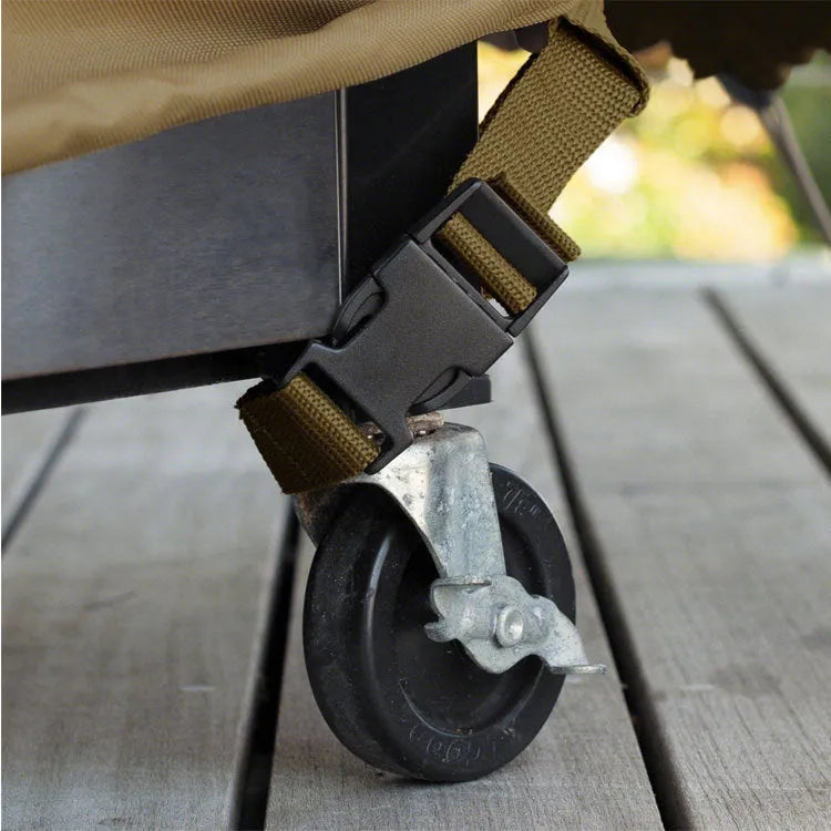 Beige polyester barbecue hood cover shown draped, illustrating its Nordic style and size for outdoor oven protection.