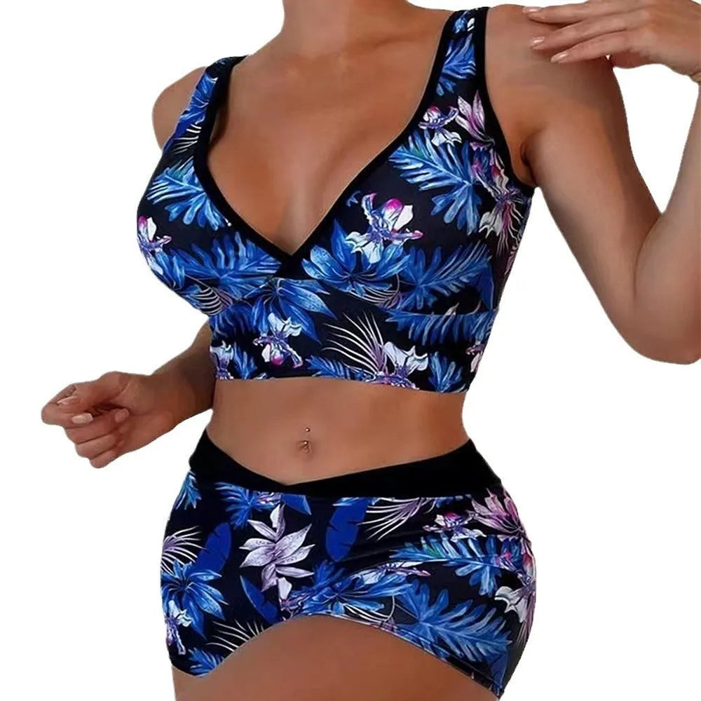 Women's two-piece swimsuit set showing sleeveless top and printed boxer-style briefs in a choice of colours.