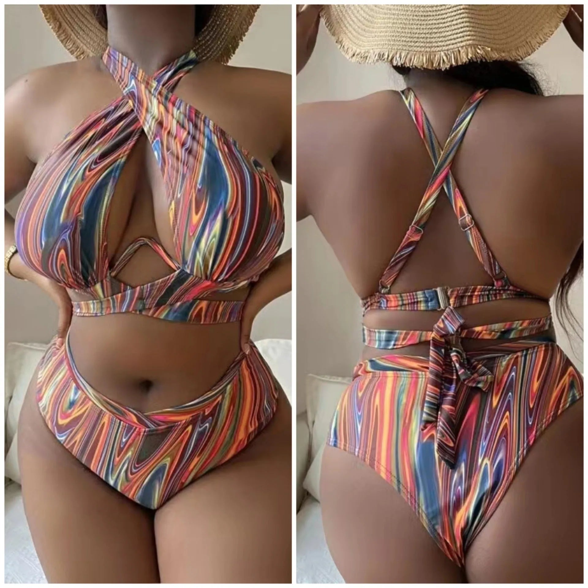 Women's floral print high-waisted bikini swimsuit with split sides.