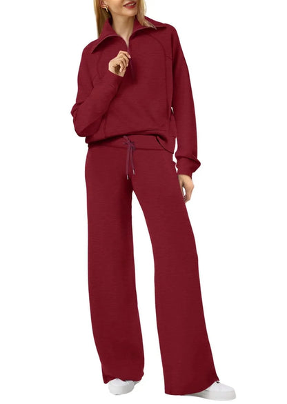 Women's leisure sports suit with long-sleeve zipper sweatshirt and wide leg pants in various colours
