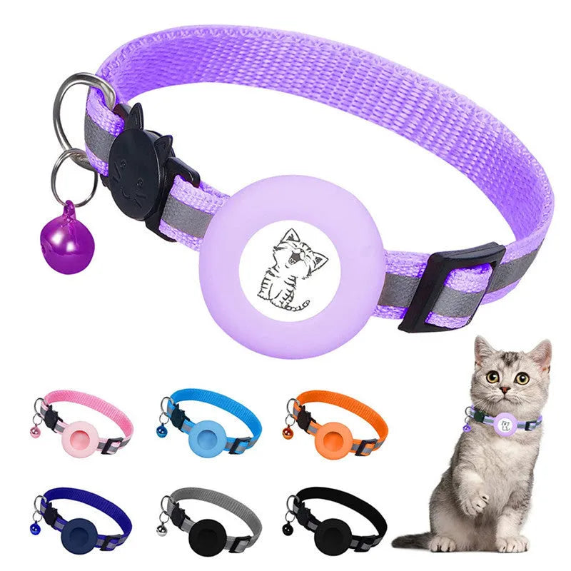 Apple Airtag protective cover collar for cats in stripes pattern with bell and reflective material