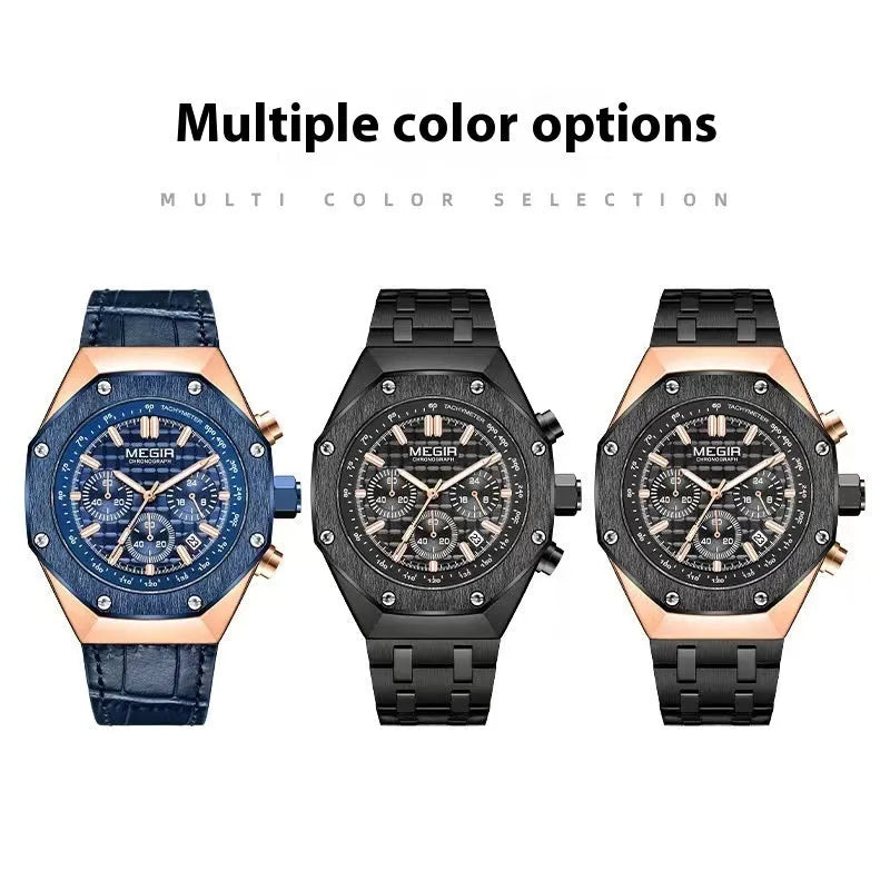 Men's multifunctional waterproof quartz watch with blue, rose gold edge black steel, and all black steel strap options