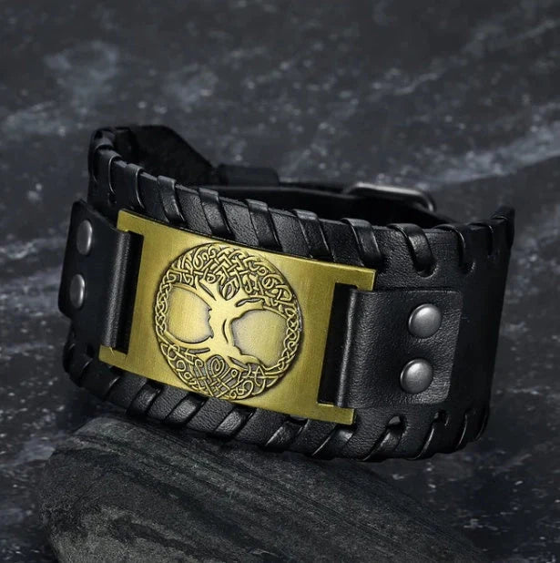 Asgard Crafted Leather Buckle Arm Cuff with Metal Celtic Tree of Life Design in Silver Brown, Silver Black, and Gold Black