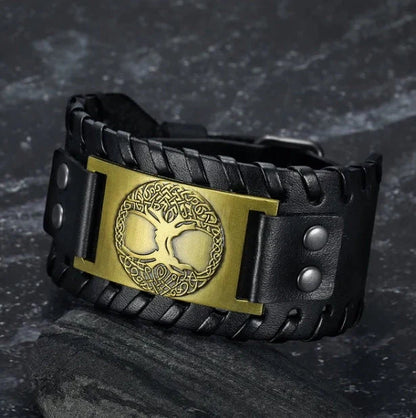 Asgard Crafted Leather Buckle Arm Cuff with Metal Celtic Tree of Life Design in Silver Brown, Silver Black, and Gold Black