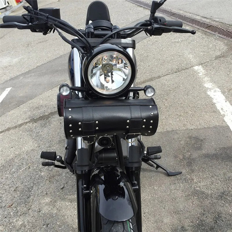 Black PU leather motorcycle side bag with tie ropes, 310x135x135mm, waterproof and wear-resistant