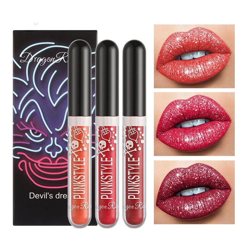 Three sets of Halloween diamond lip gloss tubes in colours A, B, C, D with 2ml each and 44mm by 16.5mm by 101mm size