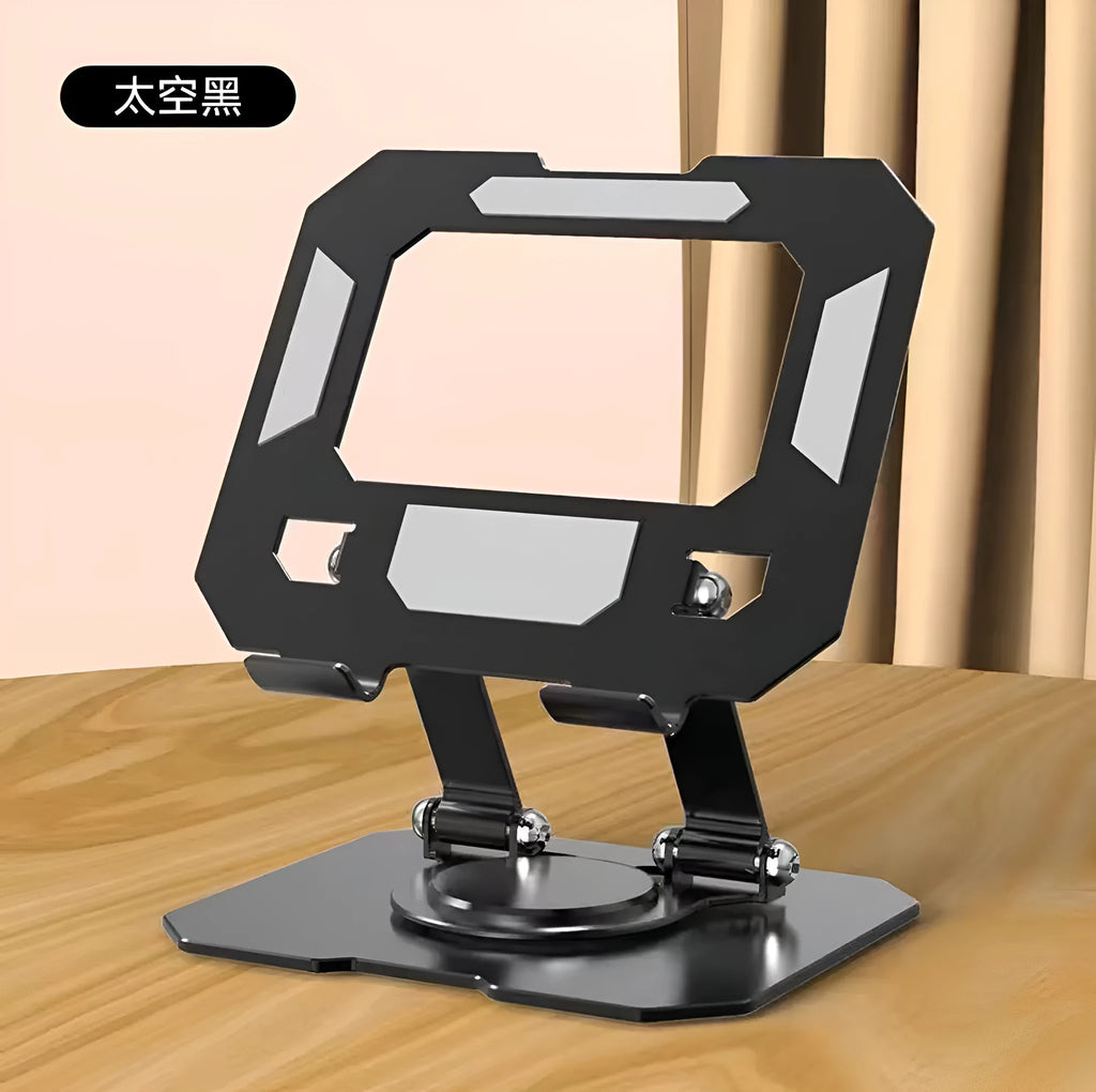 Black foldable aluminium alloy laptop stand with metal grid surface and anti-slip pads, height adjustable for heat dissipation