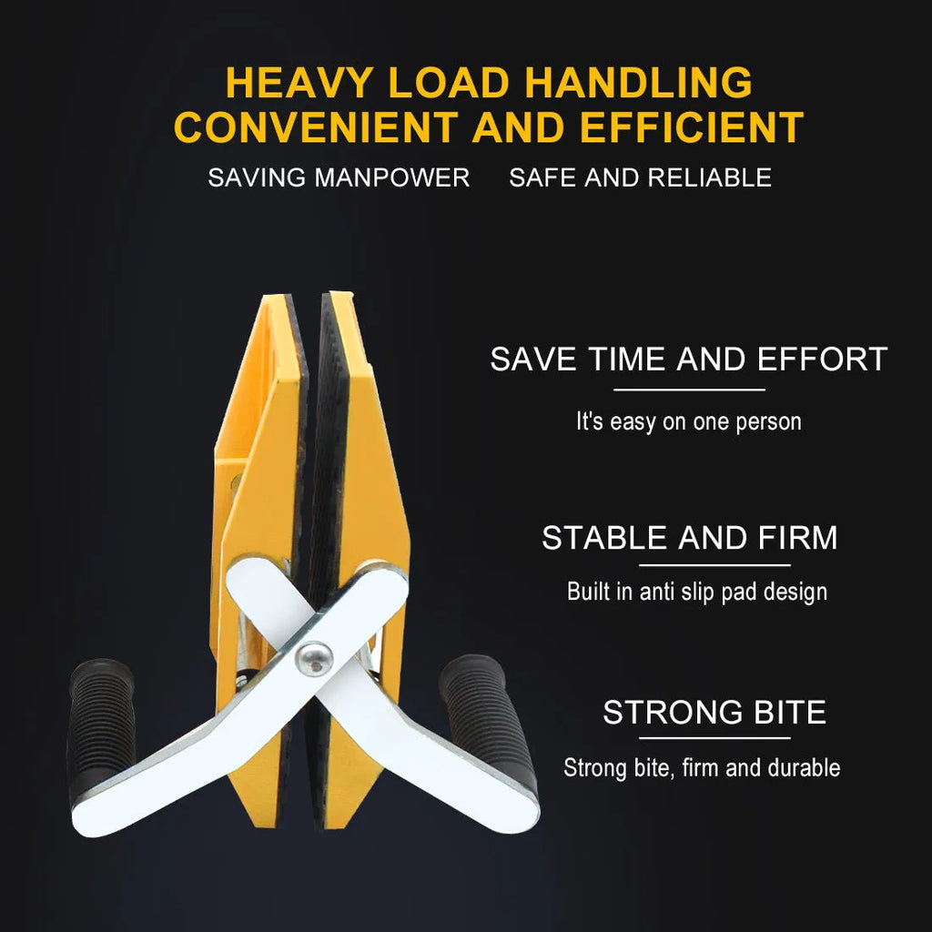 Yellow alloy steel two-hand marble handling clip with 150kg load capacity on stone surface