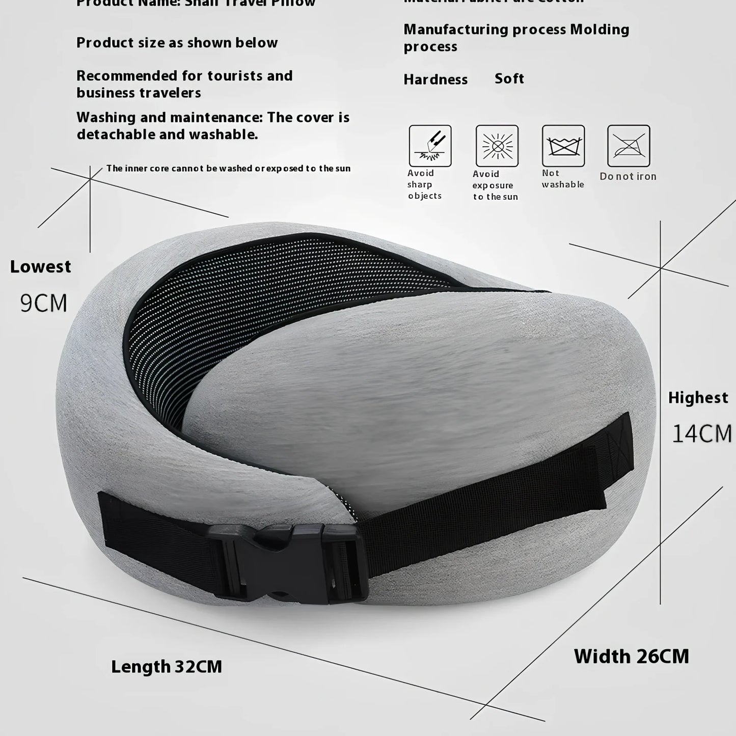 Dark gray adjustable U-shaped memory foam neck pillow with Velcro closure and storage bag, 30cm high for travel support