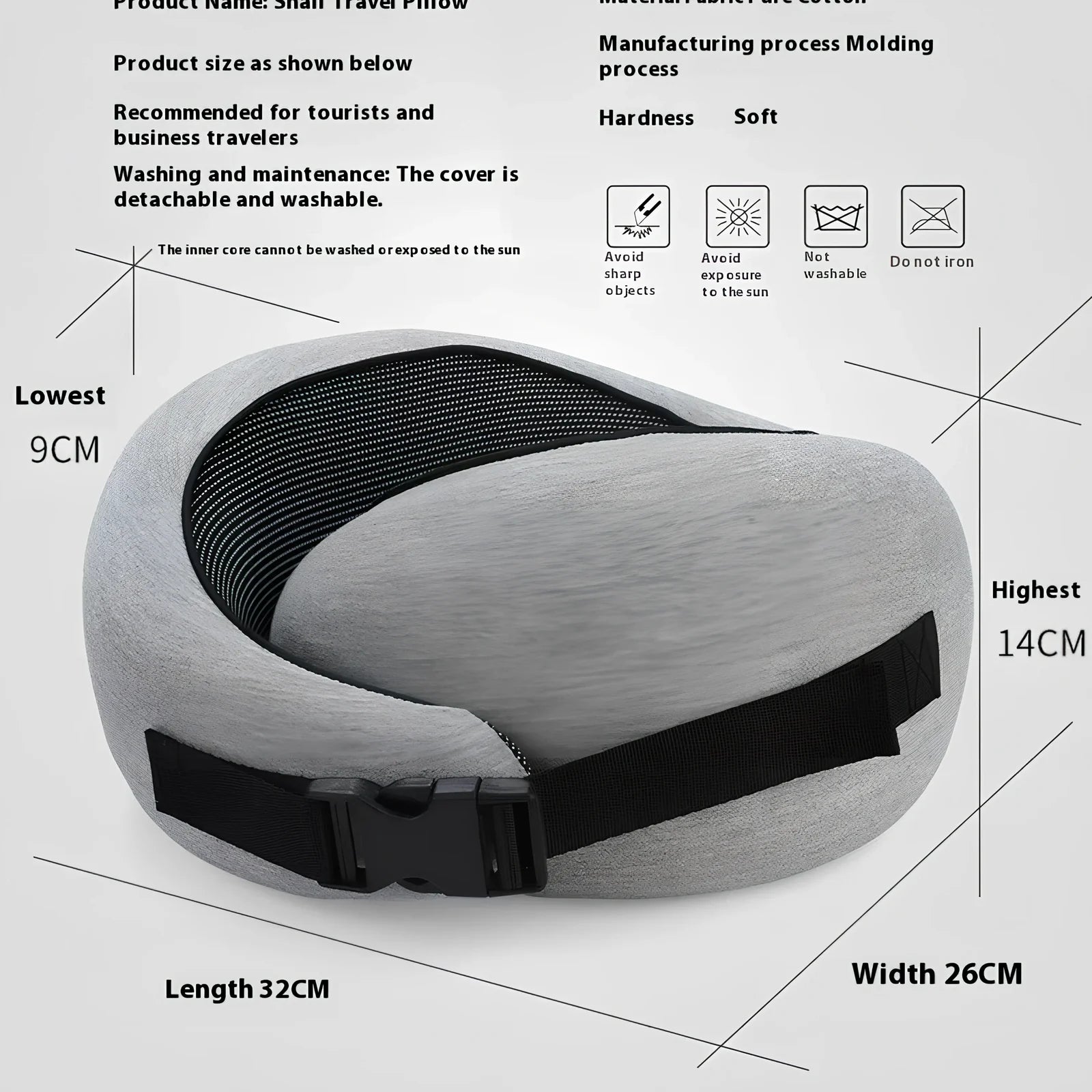 Dark gray adjustable U-shaped memory foam neck pillow with Velcro closure and storage bag, 30cm high for travel support
