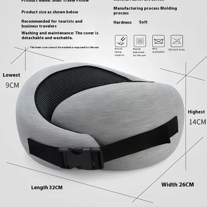 Dark gray adjustable U-shaped memory foam neck pillow with Velcro closure and storage bag, 30cm high for travel support