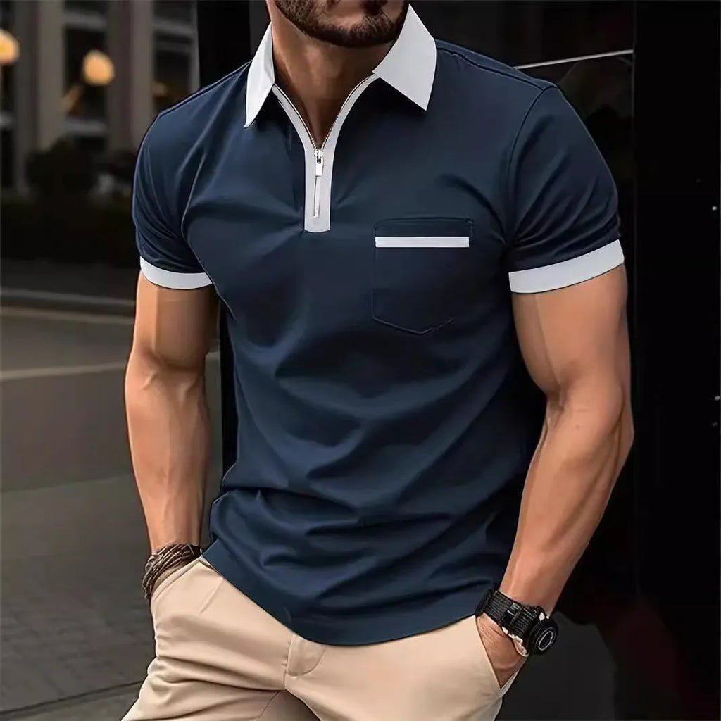 Men's casual short sleeve shirt with chest pocket and zipper decorations in multiple colour options