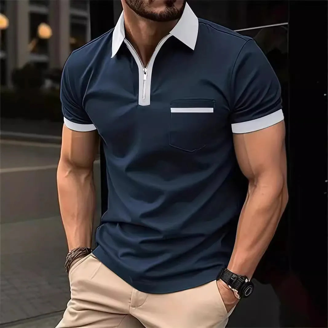 Men's casual short sleeve shirt with chest pocket and zipper decorations in multiple colour options