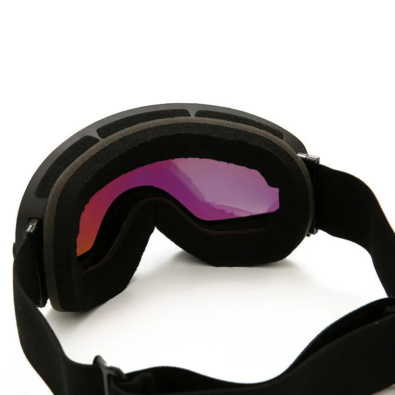 Double-layer TPU ski goggles with coated spherical mirror showing red film option and adjustable strap