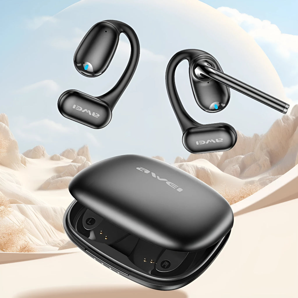 Ear-mounted Bluetooth headset sports car design in black with digital display screen