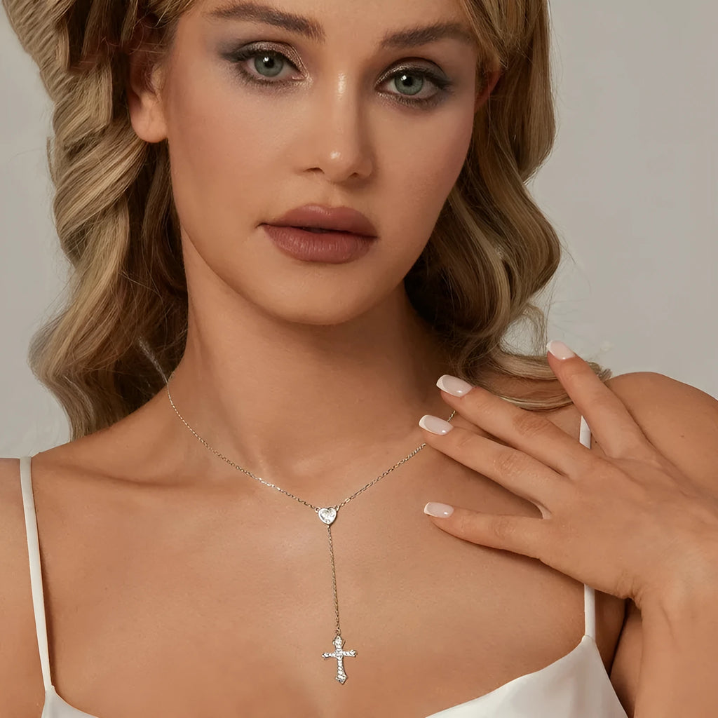 925 silver V-neck love cross pendant necklace with an O-ring chain in colour BSN384.