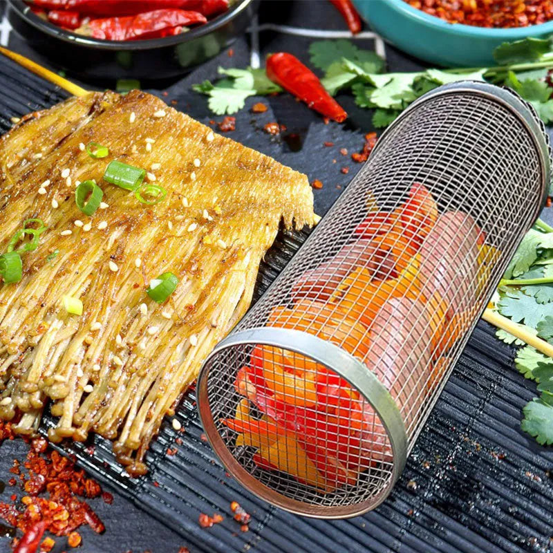 Iron wire rolling BBQ grilling basket with cylindrical mesh for vegetables and meatballs in two size options.