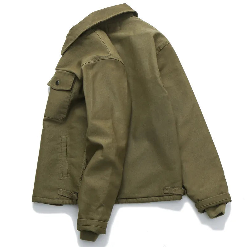 Men padded work jacket with thickened velvet lining and multi-pocket zipper in khaki colour