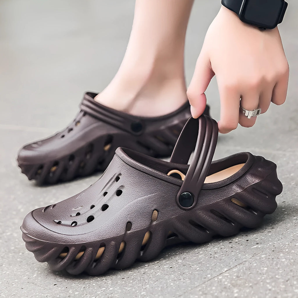 Men's EVA hollow-out slipper sandals in beige colour showing breathable design and non-slip sole