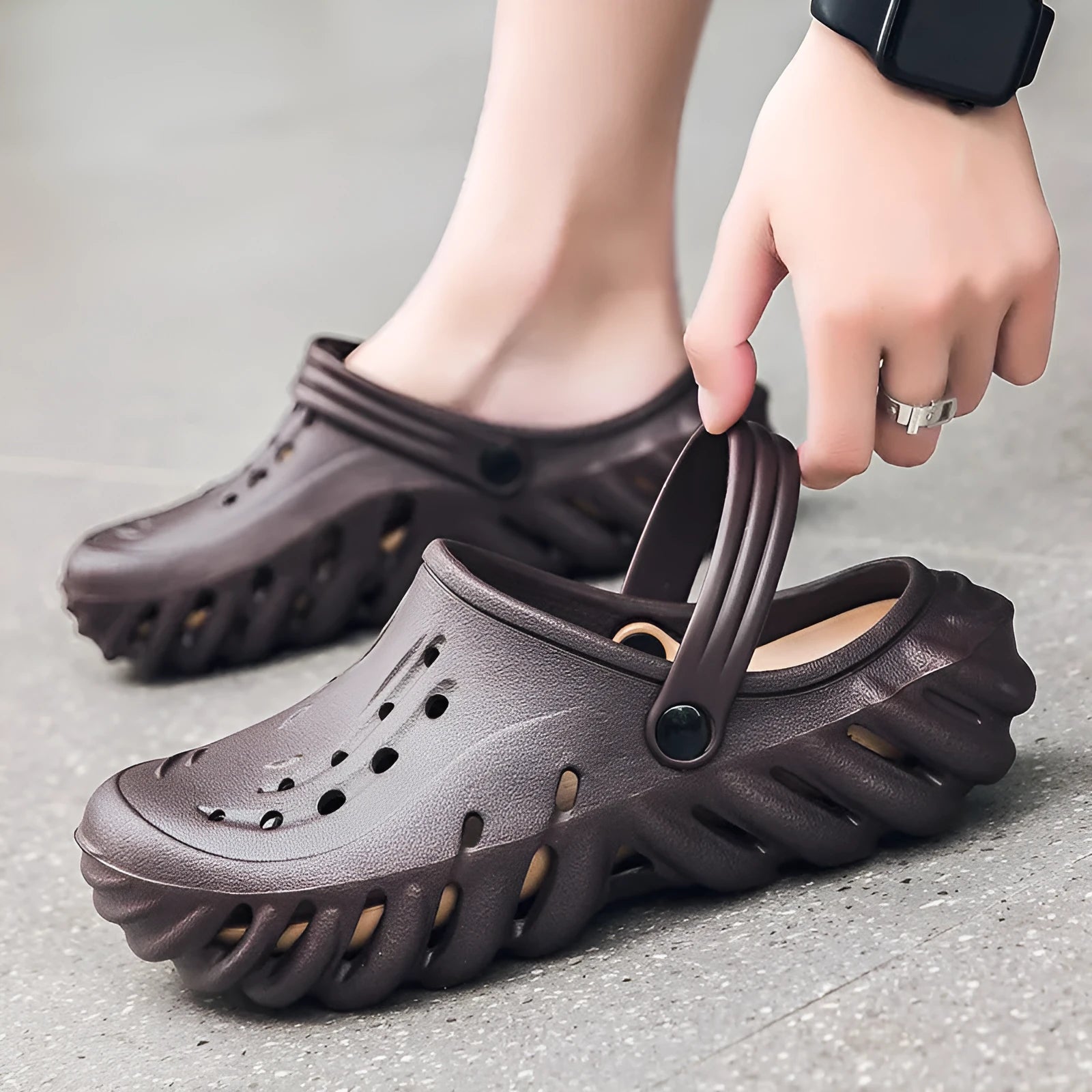 Men's EVA hollow-out slipper sandals in beige colour showing breathable design and non-slip sole