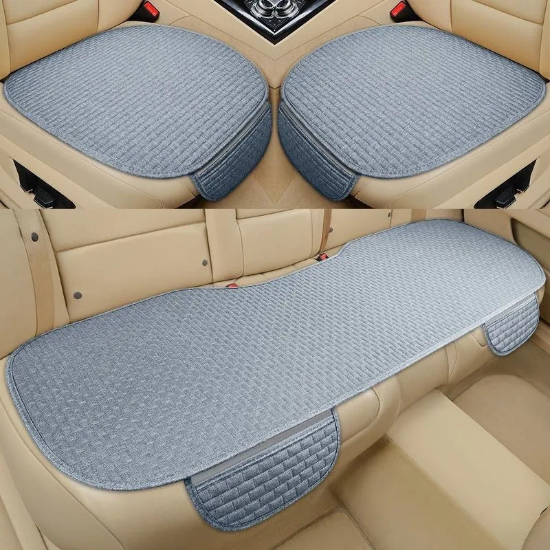 Linen fabric car seat cushion in a hemming style, shown in charm coffee colour on a car seat.