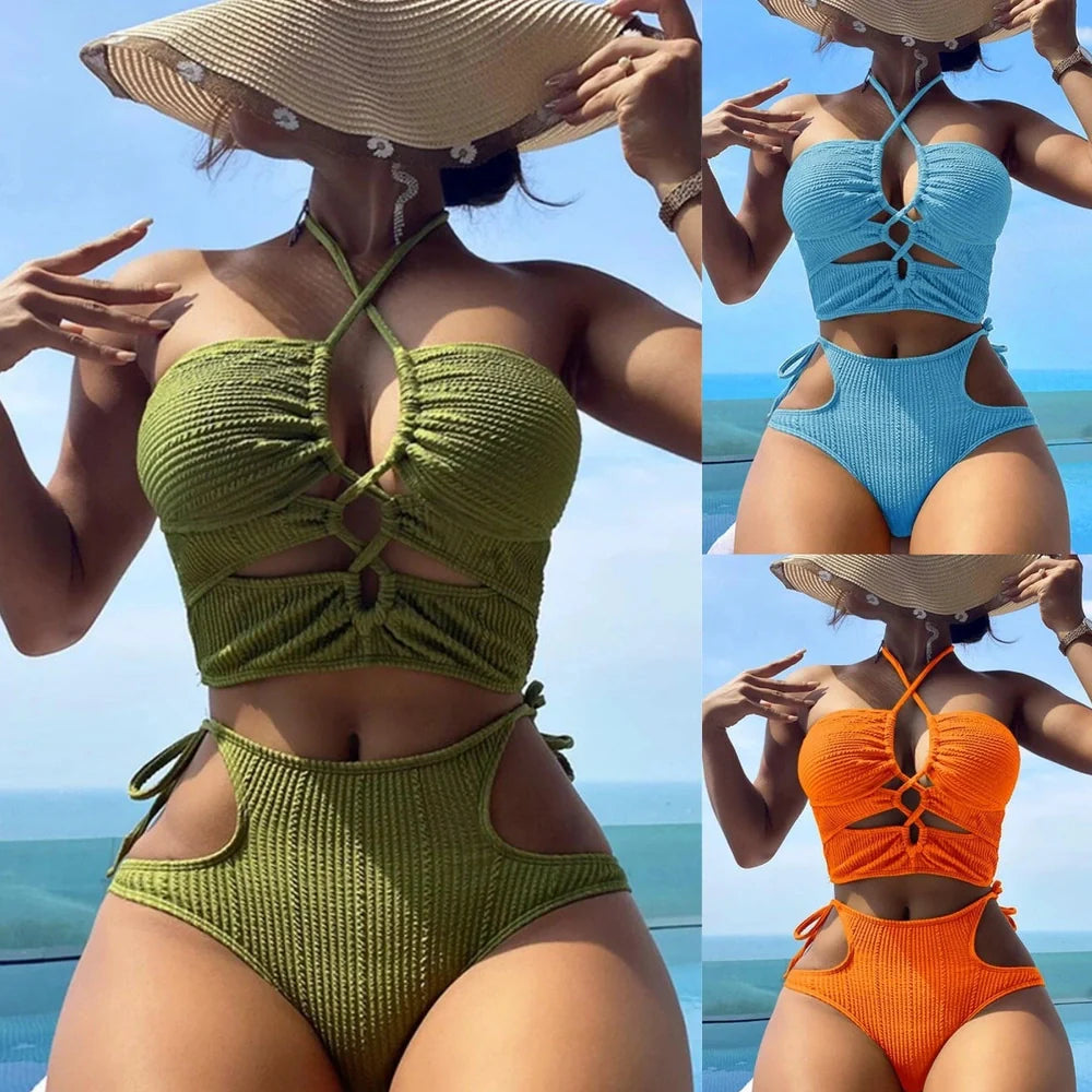 Bikini swimsuit with rope-tight design in nylon fabric, shown in orange colour with sleeveless top and briefs style bottoms