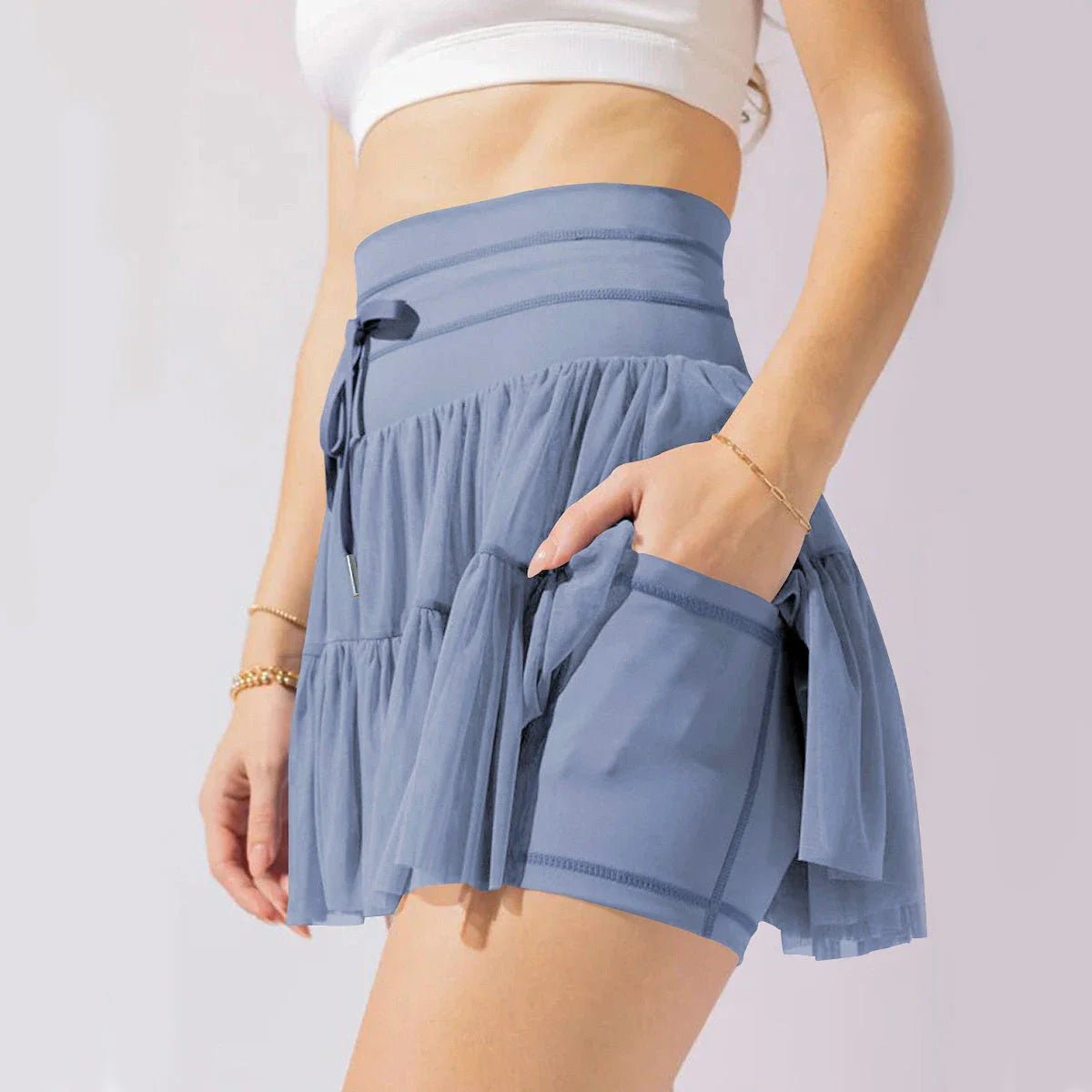 Stylish high-waist pleated skirt with lace-up design for women's summer fashion