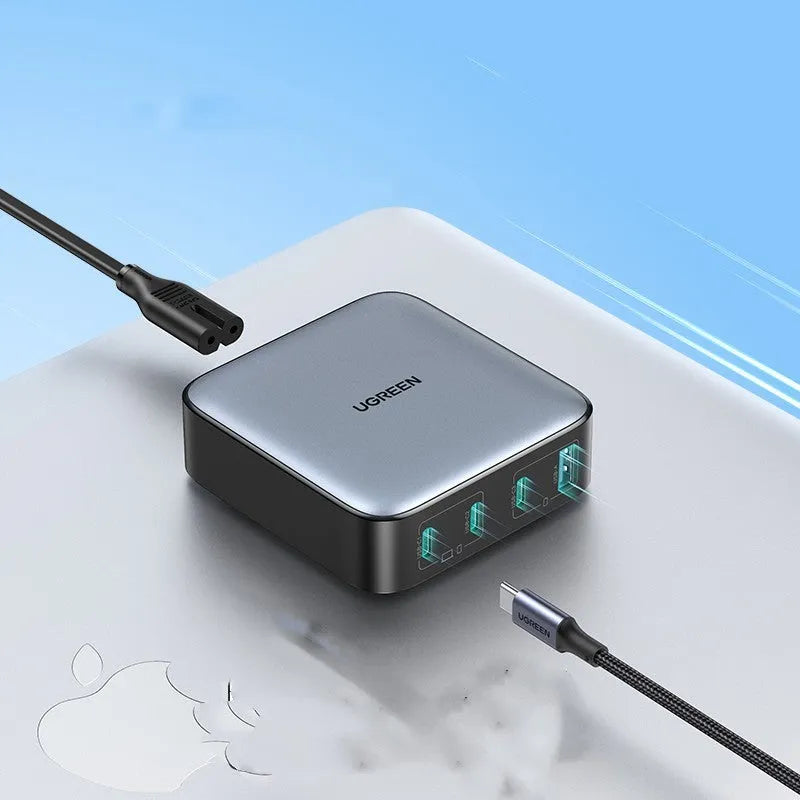 100W Gallium Nitride multi-port fast charger plug on a white background.