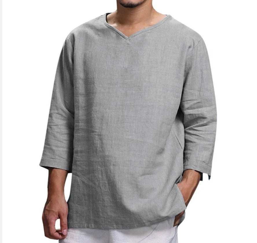 Men's loose V-neck top in hemp blend fabric, available in multiple colours