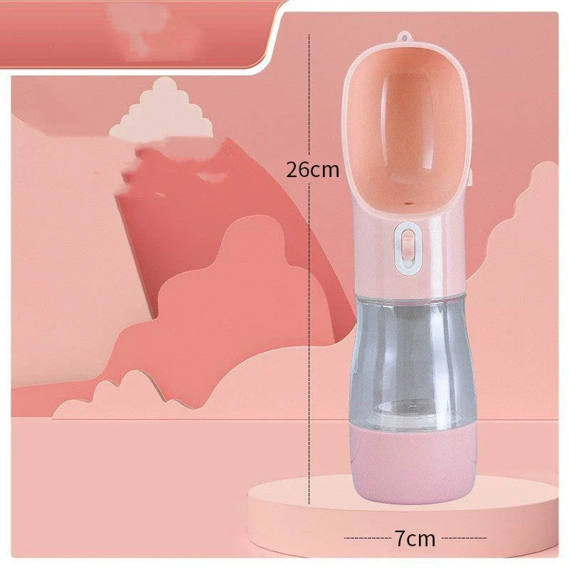 Portable Dog Water Bottle Feeder for outdoor adventures, available in blue, pink, green, and grey.