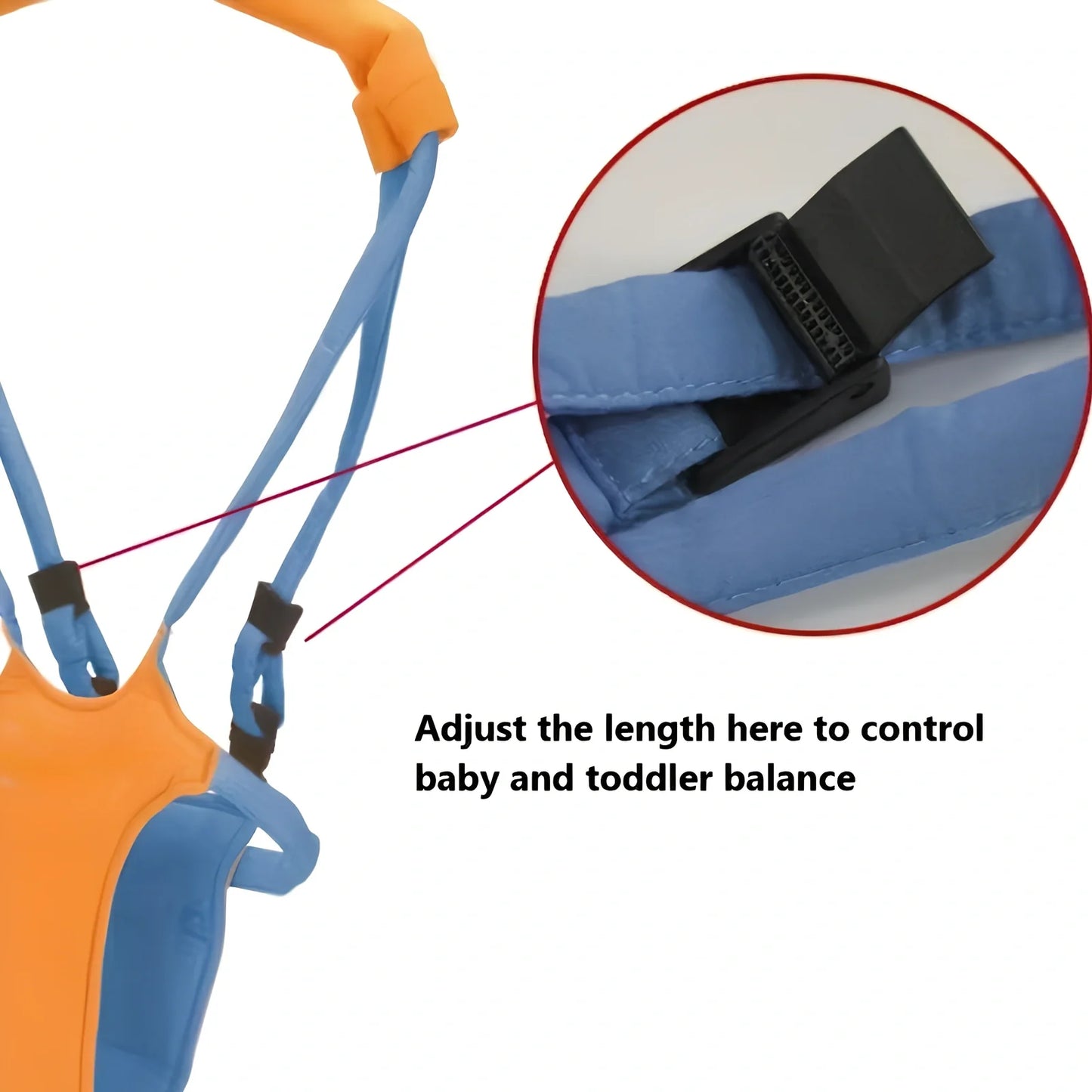 Orange and blue baby walking harness with adjustable strap and plastic safety locks for infants learning to walk