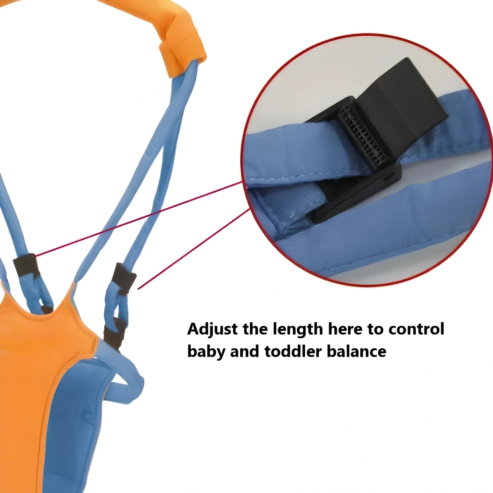 Orange and blue baby walking harness with adjustable strap and plastic safety locks for infants learning to walk