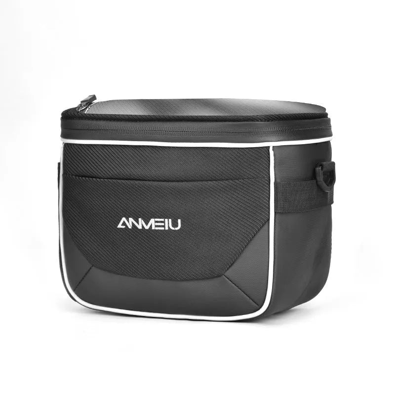 Black 7-inch polyester bicycle handlebar bag mounted on bike, showing compact folding design.