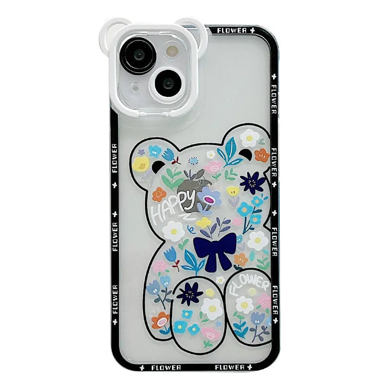 Hand-painted TPU phone case with cartoon bear and flower holder in black and green for Apple iPhone