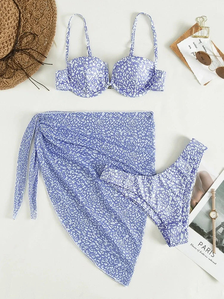 Three-piece floral bikini beach dress set with matching skirt in multiple colour options