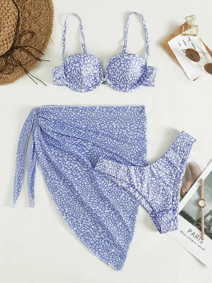 Three-piece floral bikini beach dress set with matching skirt in multiple colour options