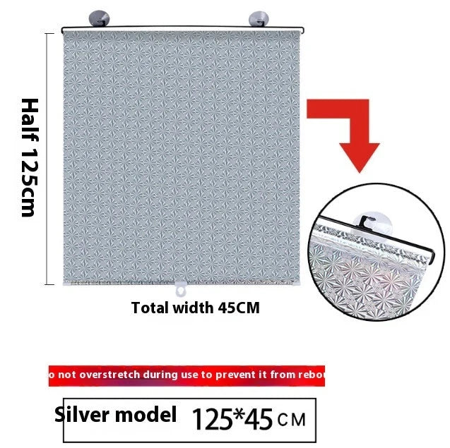 Punch-free window sun protection shutter in black dots and silver laser options, sizes from 40x60cm to 58x125cm