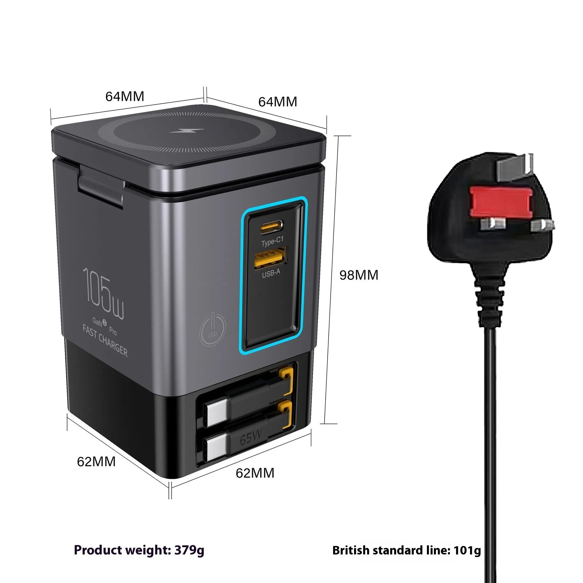 105W Multifunctional Magnetic Wireless Gallium Nitride Charger in black plastic with UK plug