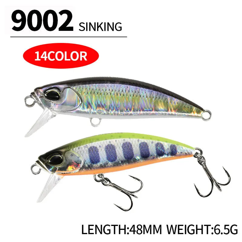 Tossing brand 48mm submerged minnow fishing lure in one of 14 colour variants for mandarin fish and snakehead.