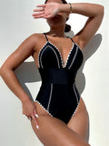 Black one-piece women's swimsuit with nylon spandex fabric, sleeveless, solid colour, available in sizes S M L