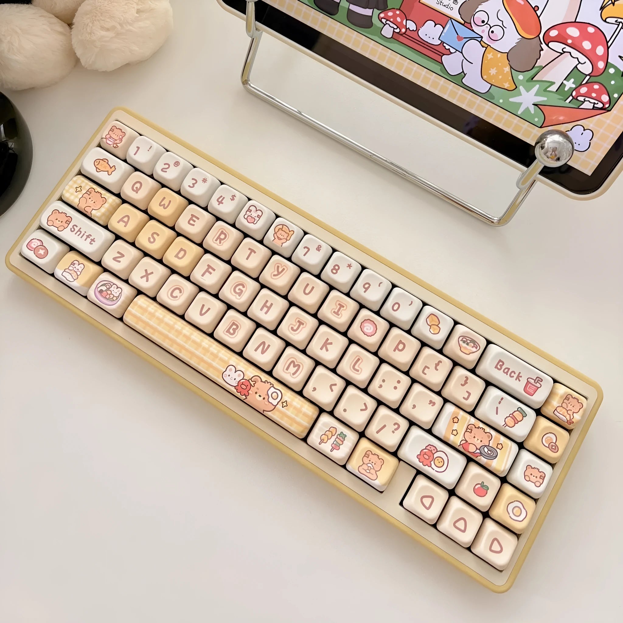 Rabbit Bear Restaurant themed PBT plastic keycap set with 140 pieces for mechanical keyboards, shown in EOA height profile.