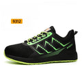 Black ultra-light safety work shoes with a steel toe cap and lace-up front.