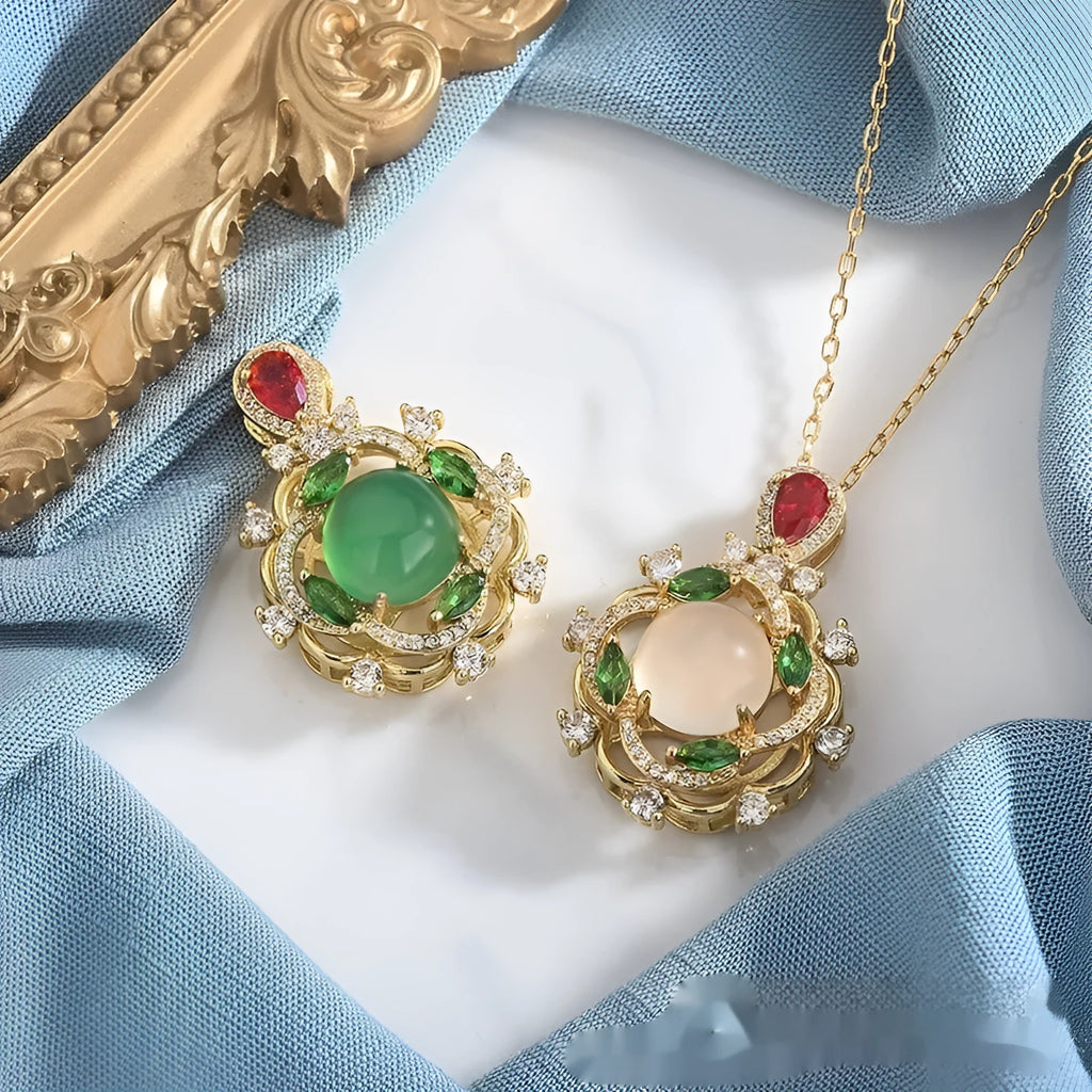 S925 silver inlaid natural chrysoprase agate geometric round pendant necklace on copper base with gold detailing, green chalcedony option