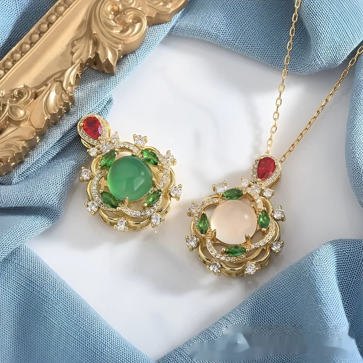 S925 silver inlaid natural chrysoprase agate geometric round pendant necklace on copper base with gold detailing, green chalcedony option