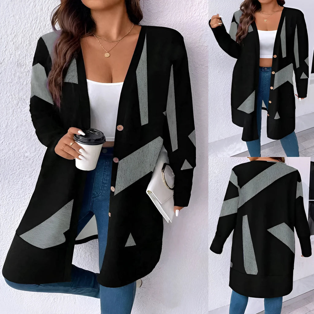 Black plus size casual cardigan coat with button stitching and printing details