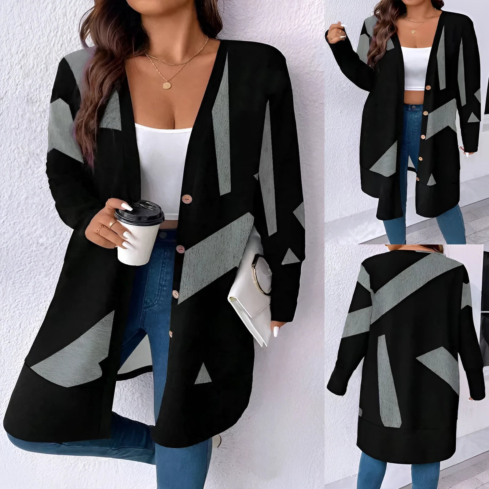 Black plus size casual cardigan coat with button stitching and printing details