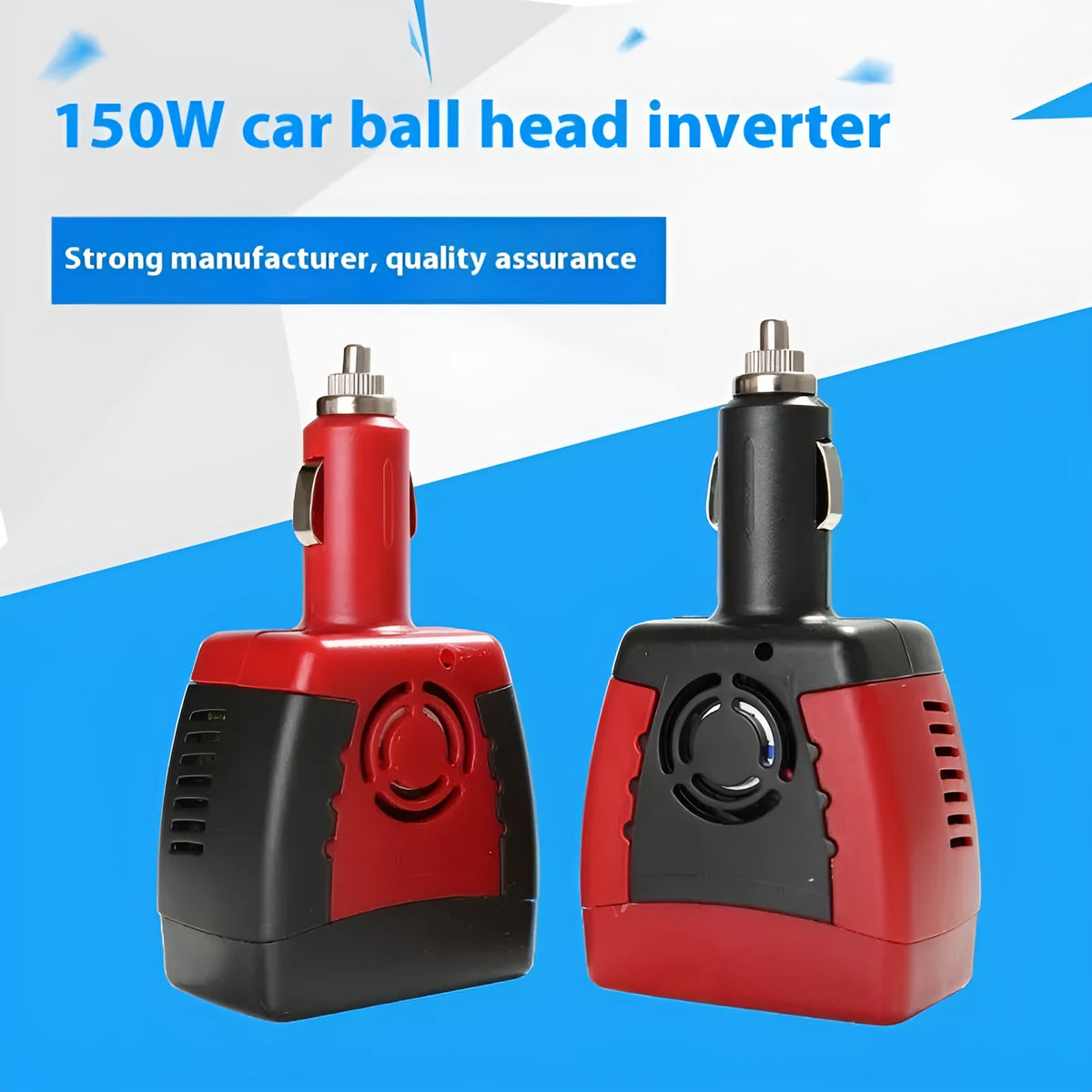 Red 150W car inverter with 12V to 220V/110V output and dual cigarette lighter sockets, 12 x 6.5cm