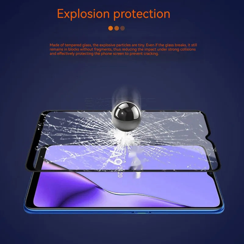 Full screen tempered glass protector for OPPO A9 2020 mobile phone showing full glue black design